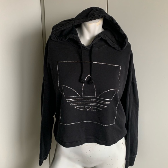 Adidas cropped rhinestones women’s small black hoodie sweatshirt - Picture 1 of 5